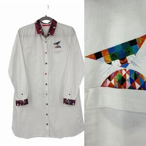 Graniph Lady F White Button-Up Shirt Dress Womens OS Cat Graphic Japan Artsy